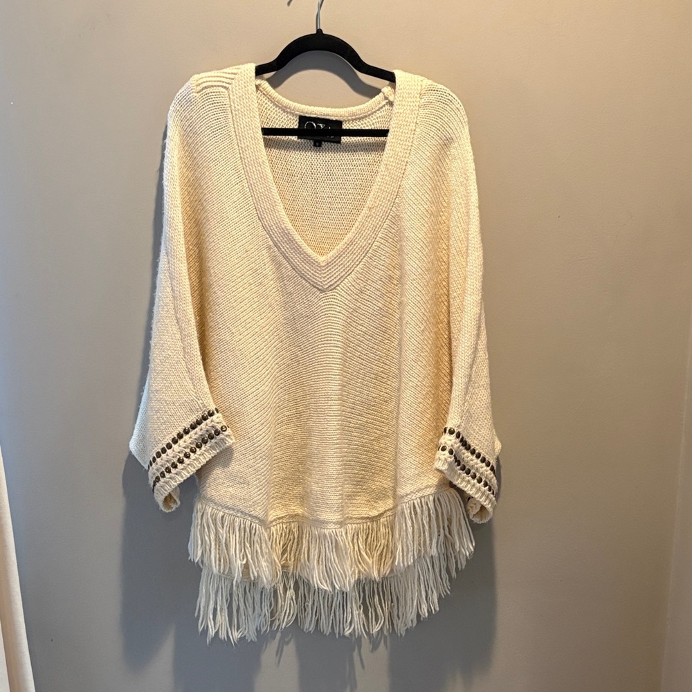 Cream Boho cream sweater with fringe and brass accents